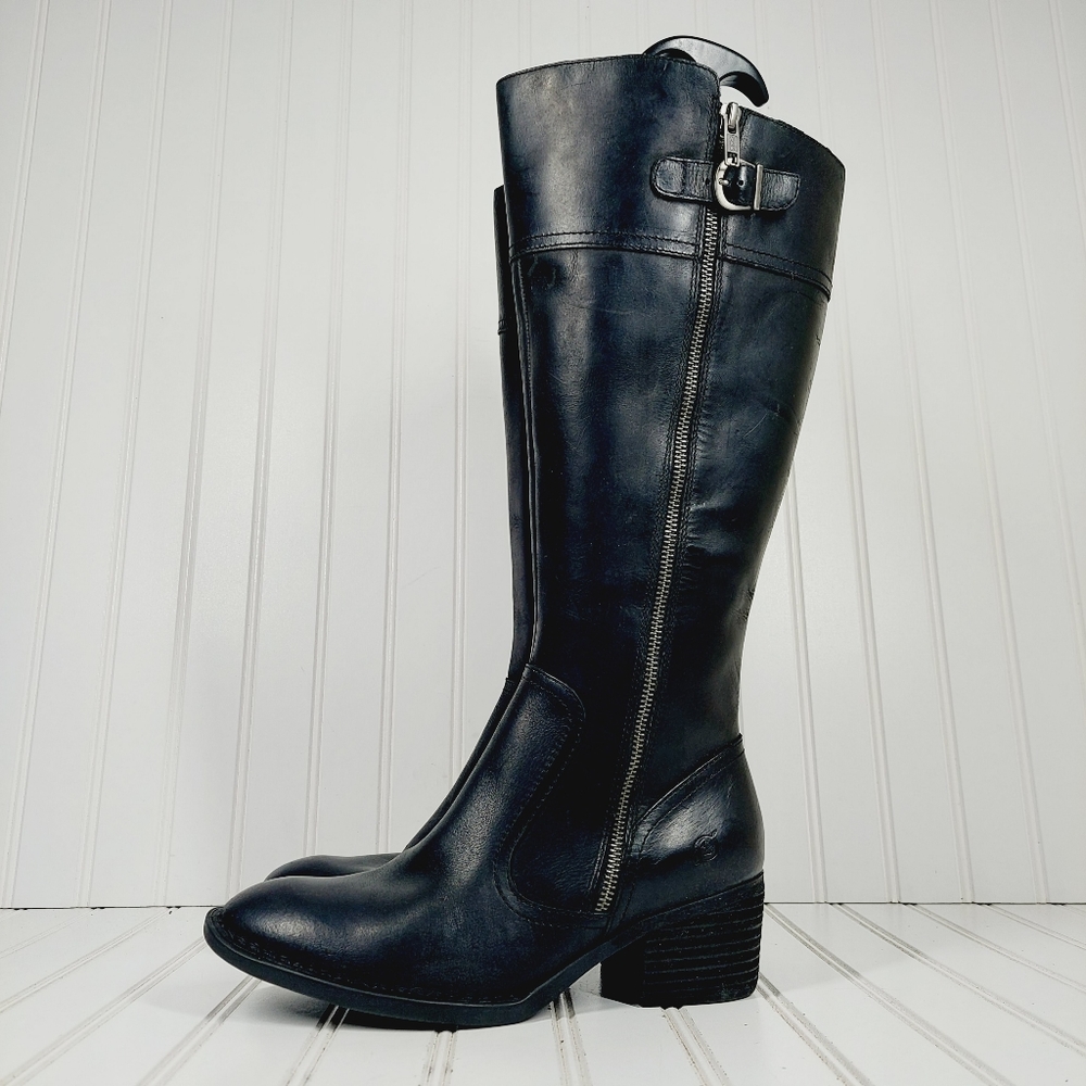 NEW Born Black Leather Slip On Side Zip Buckle Detail Tall Block Heel Boots E75
